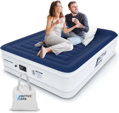 Produktbild von Doppelbett Luftmatratze 203x152x56cm - Wasserfest - Blauw/Weiß - Inkl. Reisebeutel - Elektr. Pumpe - 2 Personen