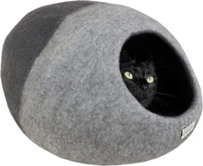 Image de Cocon pour chats et petits chiens, couleur gris foncé, design moderne, fabriqué en feutre de laine 100%