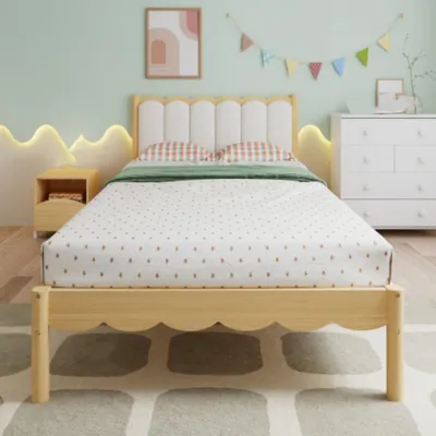 Produktbild von Kinderbett, Kinder Polsterbett Einzelbett, Wellendesign, Stabiler Lattenrost 90x200cm