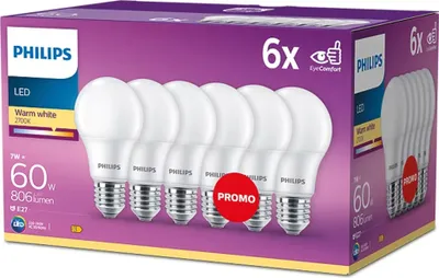 Obrázek produktu pro Philips 6× žárovka 60 W, A60 E27, 7 W, 60 W, E27, 806 lm, 15000 h, Teplá bílá