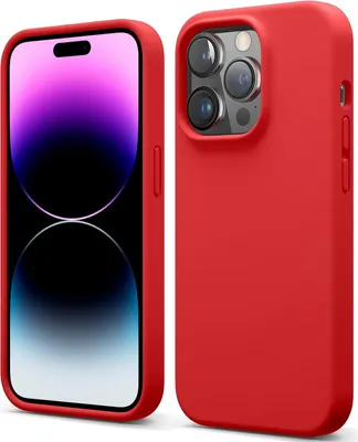 Two views of a red iPhone case, one showing the front with the phone screen and the other showing the back with the camera array.