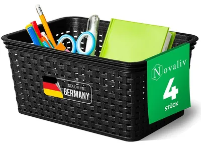 Produktbild von Novaliv 4 Stück Elegante Aufbewahrungskörbe in Rattan-Optik | Schwarz Kunststoff 5L – für Büro und Zuhause. Vielseitige Kisten zur Aufbewahrung. Ideale Aufbewahrungsbox Organizer Ordnungsbox