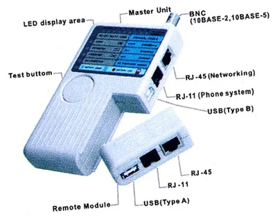 Zdjęcie produktu dla Urządzenie do testowania kabli sieciowych 4 w 1: RJ11, RJ45, USB, BNC, LAN oraz telefonicznych