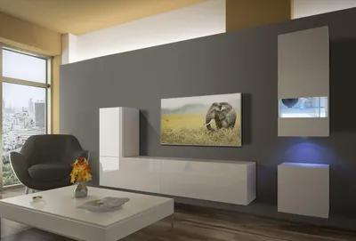 Obrázok produktu pre Furnitech Colmar N18 1A Moderné obývacie steny Nástenné skrinky Čierna biela vysoký lesk (LED RGB (16 farieb), AN18-18W-HG2 1B)