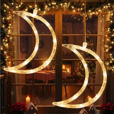 Produktbild von LED Weihnachtsstern Fensterlichter 2 Stück Warmweiß LED Mond Lichter Fenster Lichterkette Hängeleuchten Batterie Weihnachten Tür Haus Party Deko