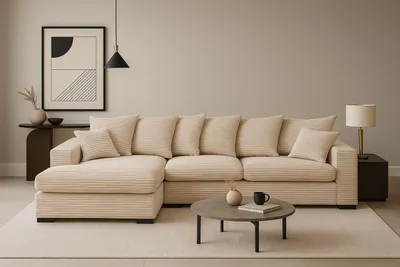 Produktbild von Kaiser Möbel Ecksofa mit schlaffunktion und bettkasten, Sofa L-form, Couch L-form Gabon stoff Zoom Creme Ottomane Links