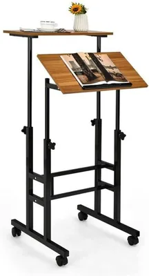 A mobile height-adjustable desk with two separate work surfaces and wheels.