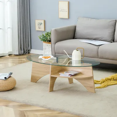Zdjęcie produktu dla Stolik kawowy owalny, wykonany ze szkła hartowanego, wymiary 104,9 x 60 cm, z przegródkami, funkcja półki, do jadalni