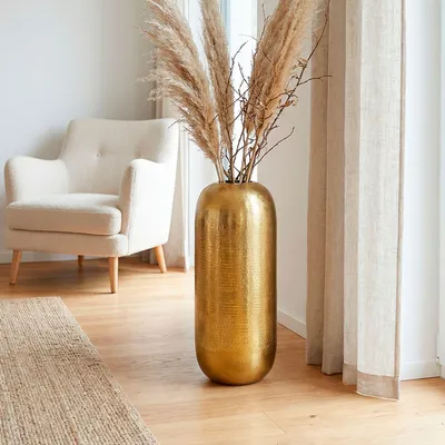 Zdjęcie produktu dla WOHNLING Wazon podłogowy z aluminium, 60 cm, złoty, duży wazon dekoracyjny, okrągły, nowoczesny, metalowy wazon na kwiaty, designerski, XL, dekoracja do salonu, dekoracja wnętrz, ręcznie robiony