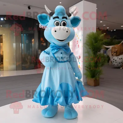 Immagine prodotto di Personaggio del costume della mascotte REDBROKOLY della mucca blu cielo vestito con un abito da ballo e bretelle