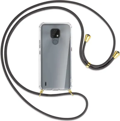 Produktbild von Handykette Backcover-Schutzhülle mit Band (Metall goldfarben) für Motorola Moto E7 - dunkelgrau