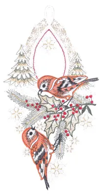 Produktbild von Fensterbild "Wintervögel" farbig, 16 x 31 cm, Original Plauener Spitze
