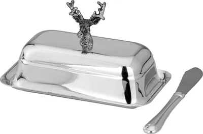 Produktbild von Butterdose Hirsch, mit Glasplatte, Deckel & Buttermesser, für 1/4 - Pfund, versilbert, 13,5 x 8,0cm