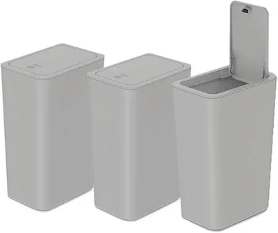 Immagine prodotto di Set di 3 contenitori compatti per rifiuti da 10 litri – grigi, in PP, salvaspazio, dimensioni 22,5 x 15,8 x 33,3 cm, con coperchio a scatto e portarotolo per sacchetti, ideali per bagno, cucina e ufficio