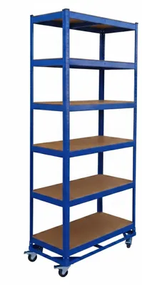 Immagine prodotto di Scaffale per carichi pesanti Relaxdays su ruote, A x L x P: 209 x 90 x 40 cm, 900 kg, 6 ripiani, acciaio, sistema a incastro, scaffale da magazzino, blu