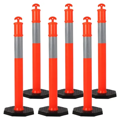 Produktbild von Verkehrsleitpfosten und -kegel - Sicherheitskegel mit Standfuß - 6er Set - 114 cm hoch - Mit reflektierenden Ringen - Für Parkplatz und Straße - Rot