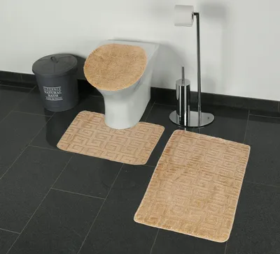 Produktbild von 3-Teilig Bad Garnitur Badematte Badvorleger Wasser absobierend Muster rutschfest Gold