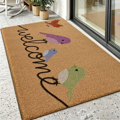 Image de Paillasson en fibres de coco avec motif d'oiseaux, dimensions 43 x 75 cm, antidérapant, pour intérieur et extérieur