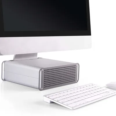 Immagine prodotto di Supporto per iMac RICOO, modello MTS-03, per computer all-in-one. Soluzione di sollevamento regolabile in altezza, compatibile con schermi da 21 pollici (53 cm) a 27 pollici (69 cm). Supporto con spazio di archiviazione, gestione dei cavi e sistema di raffreddamento. Materiale: alluminio, colore: argento grigio. Supporto per monitor MTS-03
