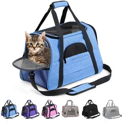 Produktbild von Kleine Transportbox für Hunde – Transportkäfig für Katzen – Atmungsaktiv und zusammenklappbar – Blau – Transportbox für Haustiere – Sichere Reise mit Haustieren