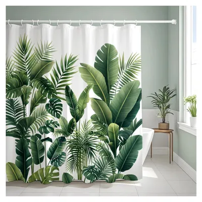 Produktbild von Duschvorhang 200x200 cm, Grünes Blattdesign, Schimmelresistent & Waschbar, Wasserabweisender Vorhang aus Polyester mit 12 Ösen und Duschvorhängeringen