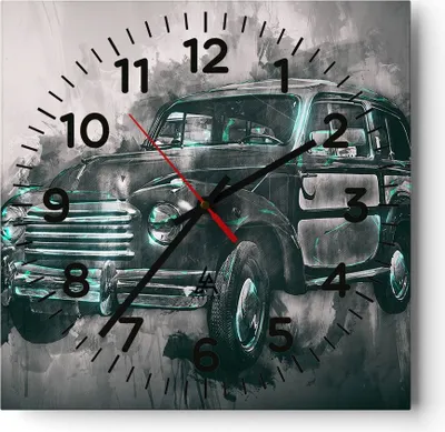 Produktbild von Wanduhr - Quadrat - Glasuhr - Auto Retro - 30x30cm - Schleichendes Uhrwerk - Lautlos - zum Aufhängen bereit - Dekoration Modern - Wanddekoration aus Glas - C4AC30x30-3834