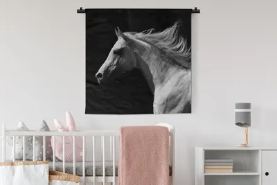 Produktbild von MuchoWow® Wandteppich Wandbehang Pferd - Weiß - Schwarz 90x90 cm Tapisserie Dekoration Wandtuch - Wandaufhänger