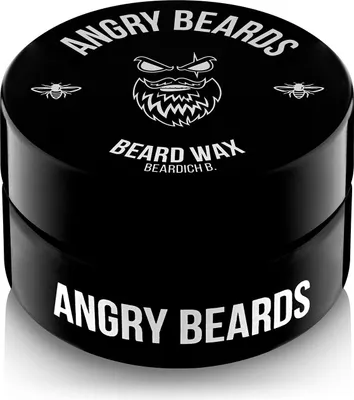 A black jar of beard wax with white text and graphics.