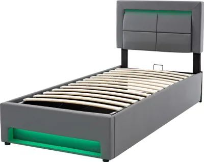 Produktbild von Flieks Polsterbett 90x200cm mit USB, Hydraulisches Boxspringbett mit LED, Jugendbett Stauraumbett mit Lattenrost, Einzelbett Holzbett, PU, Grau