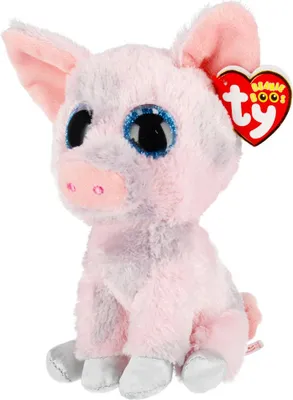 A plush toy pig with large blue glitter eyes and a red heart-shaped tag.