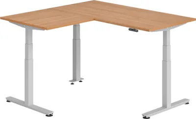 Produktbild von bümö Eckschreibtisch elektrisch höhenverstellbar L-Form - Gestell: Silber, Nachbildung: Nussbaum, Größe: Eckschreibtisch 160 x 160 cm