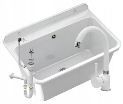 Produktbild von Granitan | Wirtschaftsspüle - LARGE - mit Armatur - mit Siphon - Weiß - 61 x 41 cm - für Waschküche und Garage