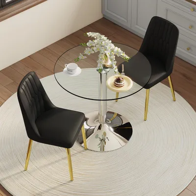 Productafbeelding van STILVORA eethoek met een 85 cm veiligheidsglasplaat, eettafelset met 2 Polyurethaneetkamerstoelen en goudkleurige poten, eettafel met een minimalistisch design