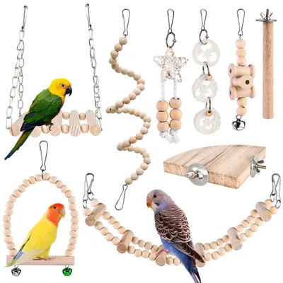 Productafbeelding van 9-delige set vogel speelgoed: houten schommel en kauwspeelgoed voor papegaaien, kanaries en parkieten