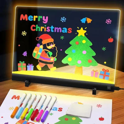 Produktbild von LED Notiztafel mit Farben 35 x 26 cm, 7 Farben Notiztafel leuchtende Acryl-Nachrichtenmarkierungstafel mit Licht, LED-Zeichen-/Schreibtafel, beleuchtete Trockenl?schtafel mit St?nder