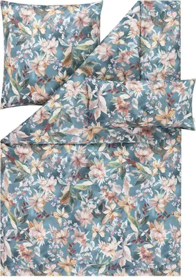 Produktbild von Estella Mako-Satin Bettwäsche Atelier Estera 155x220 + 1 x Kissen 80 x 80 + 1 x Kissen 40 x 80 Floral blautanne