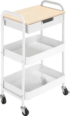 Produktbild von HOMCOM Küchenwagen mit Rollen, Aufbewahrungswagen mit herausnehmbarer Schublade, 2 Körben und Bremsen für Badezimmer, Wohnzimmer, Schlafzimmer, 43,9 x 30,5 x 75,6 cm, Weiß