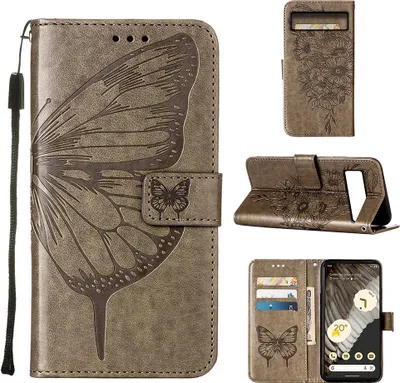 Produktbild von Lederhülle für Google Pixel 8 Schmetterling Prägung Flip Ledertasche Kartenfächer Handyhülle mit Ständer Grau