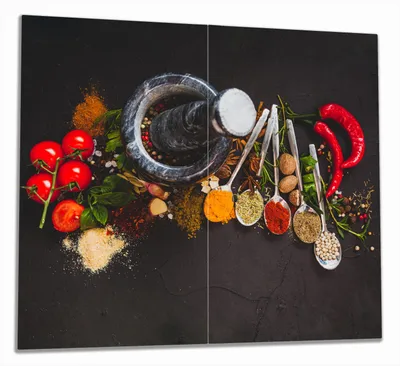Produktbild von Wallario Herdabdeckplatte aus Glas, Größe 60 x 52 cm 2-teilig, Motiv Mörser mit Kräutern und Gewürzen