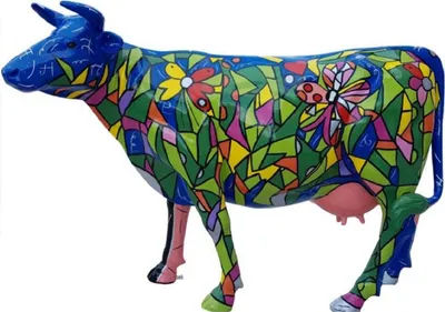 Produktbild von Casa Padrino Luxus Deko Skulptur Kuh Blau / Mehrfarbig 210 x 55 x H. 147 cm - Riesige Gartenskulptur - Lebensgroße Skulptur - XXL Deko Skulptur - XXL Deko Figur - XXL Tierfigur - Deko Tierfigur