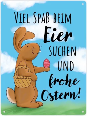 Produktbild von Eier suchen und frohe Ostern Metallschild XXL in 28x38 cm mit niedlichem Hasen
