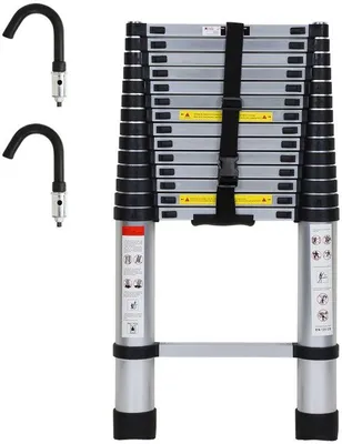 Obrázok produktu pre Čierny teleskopický rebrík s háčikom – Soft Close – výška 4,4 m – multifunkčný rebrík – jednodielny – nosnosť 150 kg