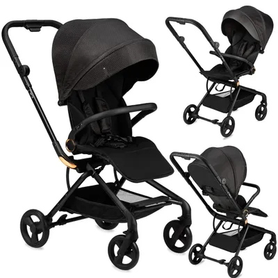 A collage of three images showing a black stroller from different angles.