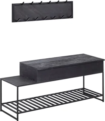 Produktbild von WOHNLING Garderoben Set Schwarz Holz Massiv Wandgarderobe Sitzbank Flurgarderobe