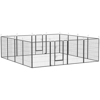 Produktbild von Welpenauslauf, modulares Design, 16 Elemente, 2 Türen, wetterfest, Stahl, 3,2 x 3,2 x 1 m, grau