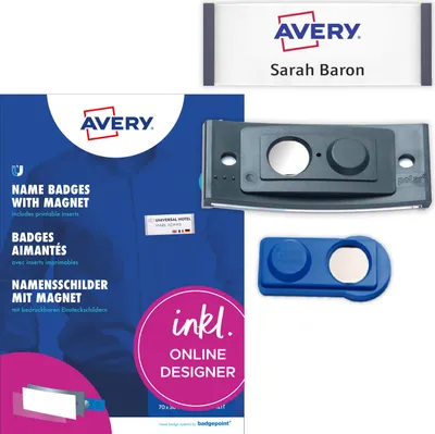 Produktbild von Avery Zweckform POL30MA02-10DR, Namensschilder, 70 x 30  mm, 10 Schilder / 36 Einsteckschilder / 2 Bögen