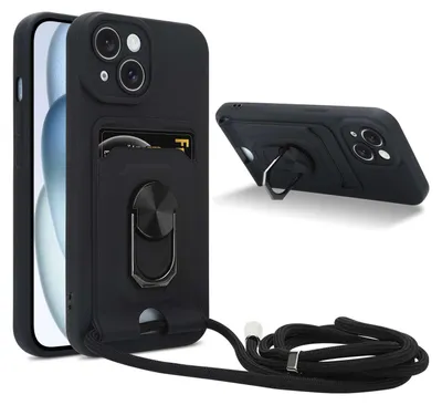 Image de Cadorabo Chaîne de téléphone portable avec fonction support pour Apple iPhone 15 PLUS en NOIR - Housse de protection en silicone avec cordon réglable