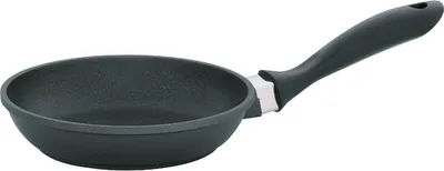 A black frying pan with a gray handle is shown against a white background.