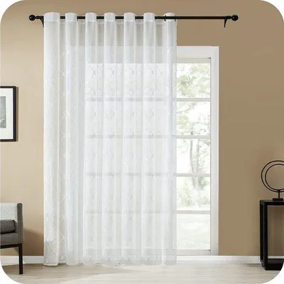 Immagine prodotto di Tende bianche Unyqoos® con passanti e motivo a diamanti ricamato – tenda in poliestere semitrasparente, dimensioni 300x240 cm, ideale per soggiorno e camera da letto