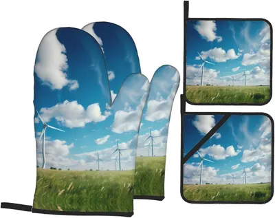 Produktbild von 4-teiliges Küchenhandschuh- und Topflappen-Set mit Windmühlenaufdruck